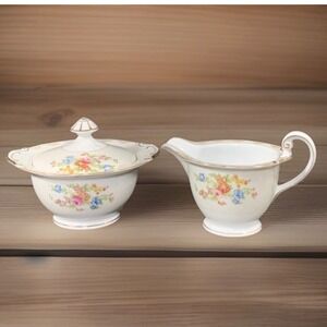 National China Sugar Bowl+ Lid Creamer Set Gold Trim Porcelain Floral Japan VTG